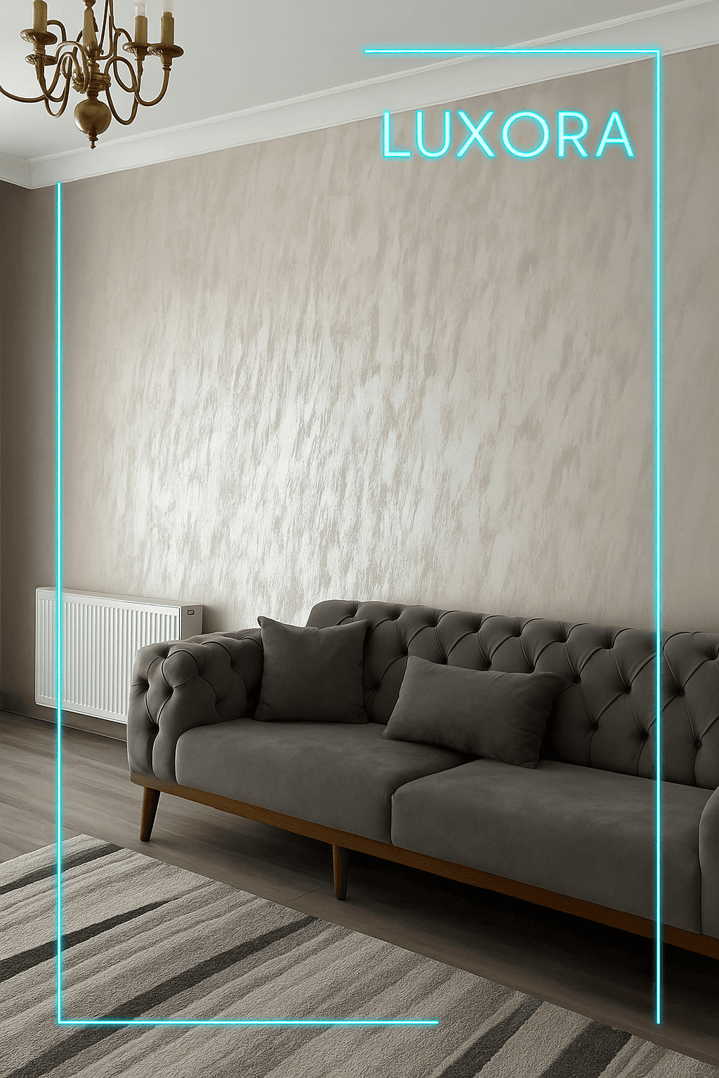 Luxora duvar boyasıyla kaplanmış modern salon ortamı – doğal taş efektli yüzey uygulaması.