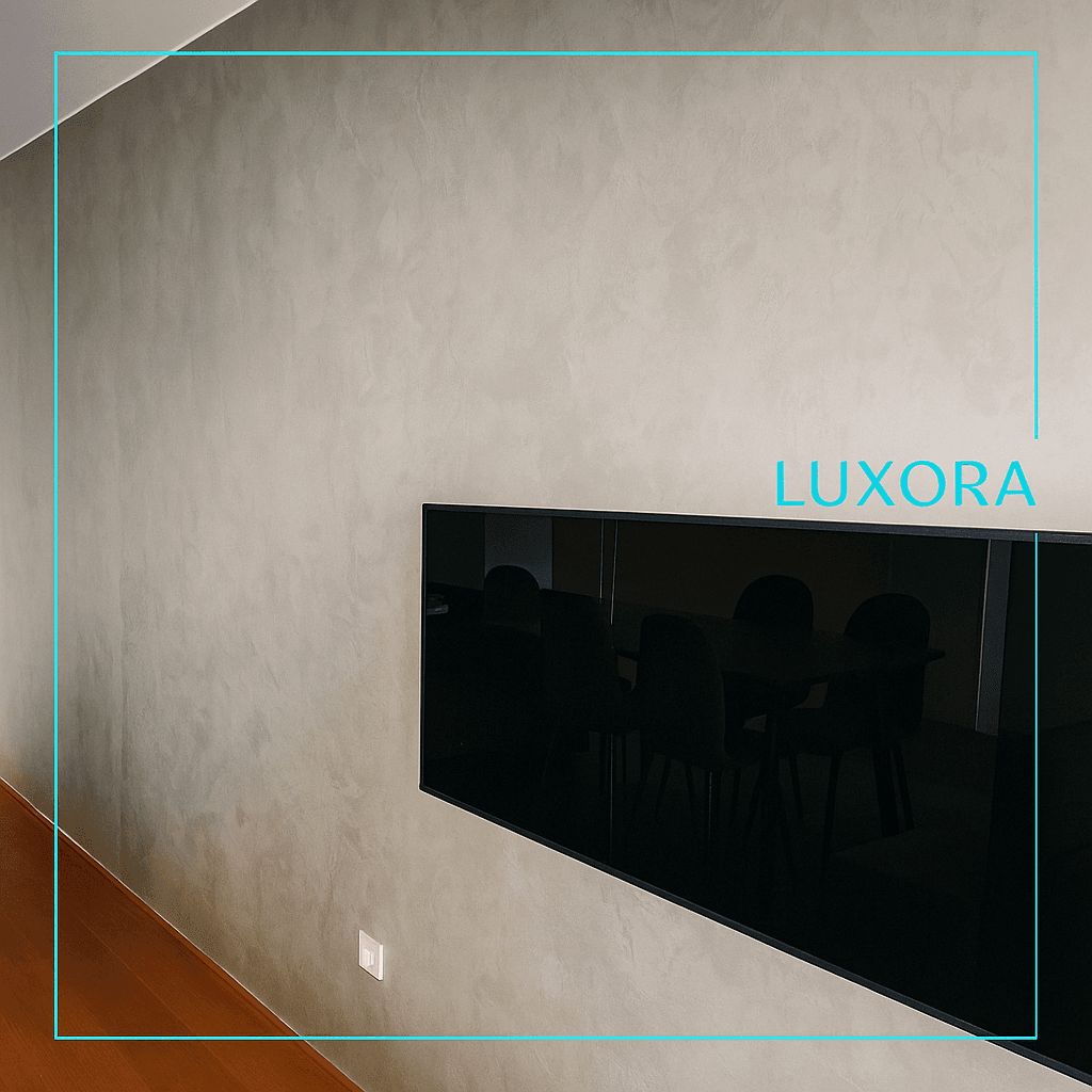 Modern şömine alanında Luxora'nın açık ton duvar boyası uygulaması — sade ve sofistike dekorasyonlar için doğal doku.