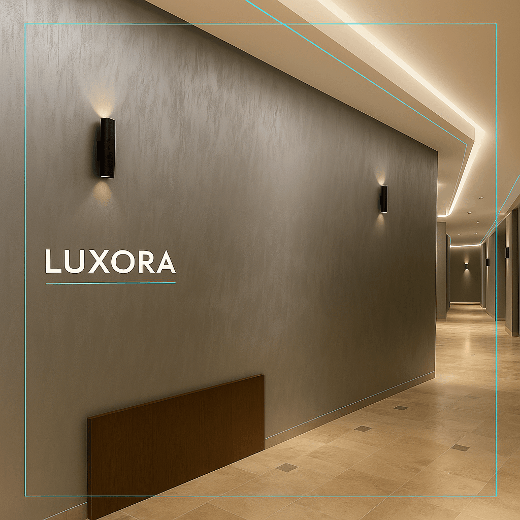 LUXORA imzalı lüks resepsiyon duvar boyası uygulaması — iç mekânda premium karşılama alanı tasarımı.