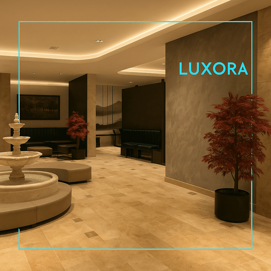 Luxora'nın iç mimariye uygun, mavi gri dokulu duvar boyasıyla otel salon dekorasyonu.